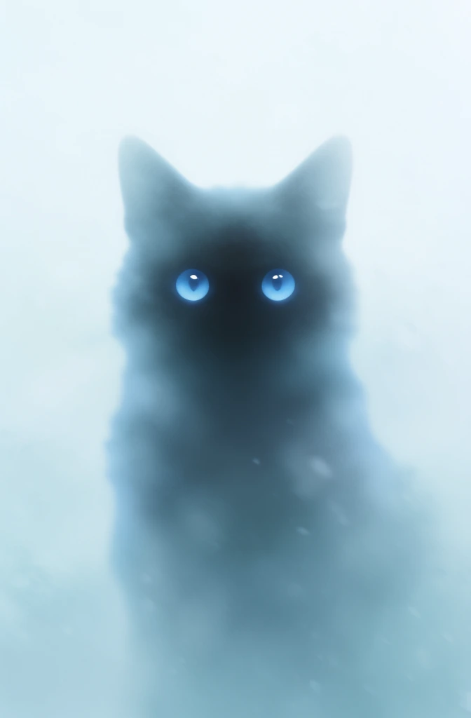 A minimalist, eerie image shows the soft silhouette of a cat emerging from a pale mist, with only its glowing blue eyes sharply catching attention. Digital illustration, soft-focus rendering, atmospheric minimalism, surreal portrait, ghostly feline silhouette, dreamy blur, ethereal glow, contemporary wallpaper art, clean composition, low-detail high-impact design, moody, quiet, uncanny, elegant, sparse, visually simple, smooth gradients, diffuse lighting, cool monochrome palette, icy white, powder blue, cobalt blue, deep navy, black center mass, low contrast overall with concentrated luminous highlights, no visible texture, no grain, no noise, no sharp edges except eye reflections, no readable camera metadata, image appears intentionally defocused rather than photographed, style adjacent to minimalist fantasy poster art, James Turrell-like light sensitivity, Yayoi Kusama-style simplified iconic presence, digital airbrush aesthetic. The background fills the entire frame with a seamless fog-like gradient, brightest at the upper center where it is nearly white, then cooling into very light gray-blue and pale icy blue toward the sides and lower half. From the bottom center rising upward is the cat’s body, but it is rendered as a large, soft-edged column of blue haze, widest at the bottom edge and tapering slightly upward into shoulders and head. The head sits just below the horizontal midpoint, centered left-to-right, with two pointed ears forming the clearest silhouette breaks: one ear at upper-left of the head shape and the other symmetrically at upper-right. The face itself is almost entirely a dark, blurred mass, deepest black-blue in the center between and below the eyes. The eyes are the only crisp focal points, placed symmetrically across the middle of the image, each a small glowing orb with icy blue irises and bright white specular highlights near the upper inner edges, giving the impression of a reflective, watchful stare directly toward the viewer. Around each eye is a halo of soft blue light that melts into the surrounding darkness of the face. The lower body continues downward as a broad, featureless blue shadow fading gradually into the misty background, with no visible legs, whiskers, nose, mouth, or fur detail, making the cat appear more like a luminous apparition than a solid animal.