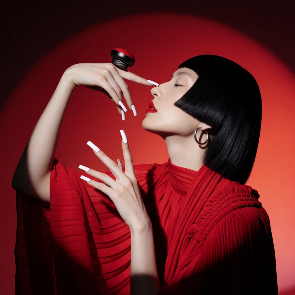 A striking profile portrait of a person bathed in a dramatic circular spotlight against a smooth gradient crimson background. The subject features pale skin, vibrant red lips, a silver hoop earring, and a sharp, straight black bob haircut. They wear a heavily pleated, flowing red garment with gathered detailing at the shoulder. One arm is raised elegantly, the index finger pointing toward the tip of their nose, while the other hand rests gracefully below with fingers spread. Stark, long, square-tipped white nails create a sharp contrast. Pinched between the upper thumb and forefinger is a small, round, black and red metallic object with a ridged base. The subject's eyes are closed in a serene expression. The lighting creates deep, theatrical shadows on the unlit portions of the hair and neck, emphasizing the crisp folds of the fabric and the smooth skin texture. The composition is a high-contrast editorial beauty shot utilizing a monochromatic red palette, crisp focus, and striking chiaroscuro to highlight the precise, sculptural placement of the hands and face.
