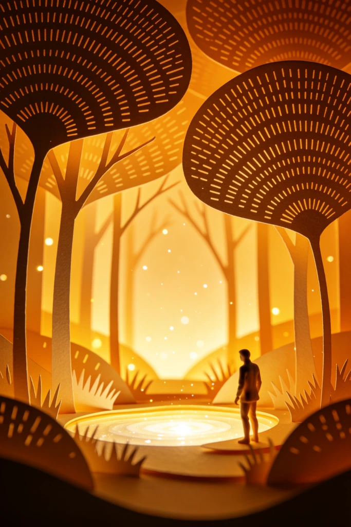A miniature silhouetted figure stands by a radiant pool in a layered amber papercraft forest diorama. Massive fan-shaped cut-paper leaves with perforated dashed patterns frame the glowing scene, illuminated by warm backlighting that highlights slender trees and floating luminous motes.