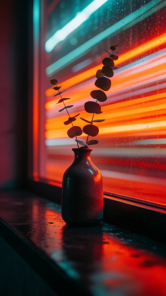 cinematic long exposure architectural photograph, minimalist ceramic vase with eucalyptus stems on a dark windowsill, vibrant neon light trails in orange and teal streaking through the background glass, moody urban night aesthetic, grainy film texture, soft bokeh reflections, high contrast shadows, saturated red and turquoise color palette, wet surface highlights, motion blur light streaks, 35mm cinematic style, atmospheric glow, professional studio lighting, low angle composition.