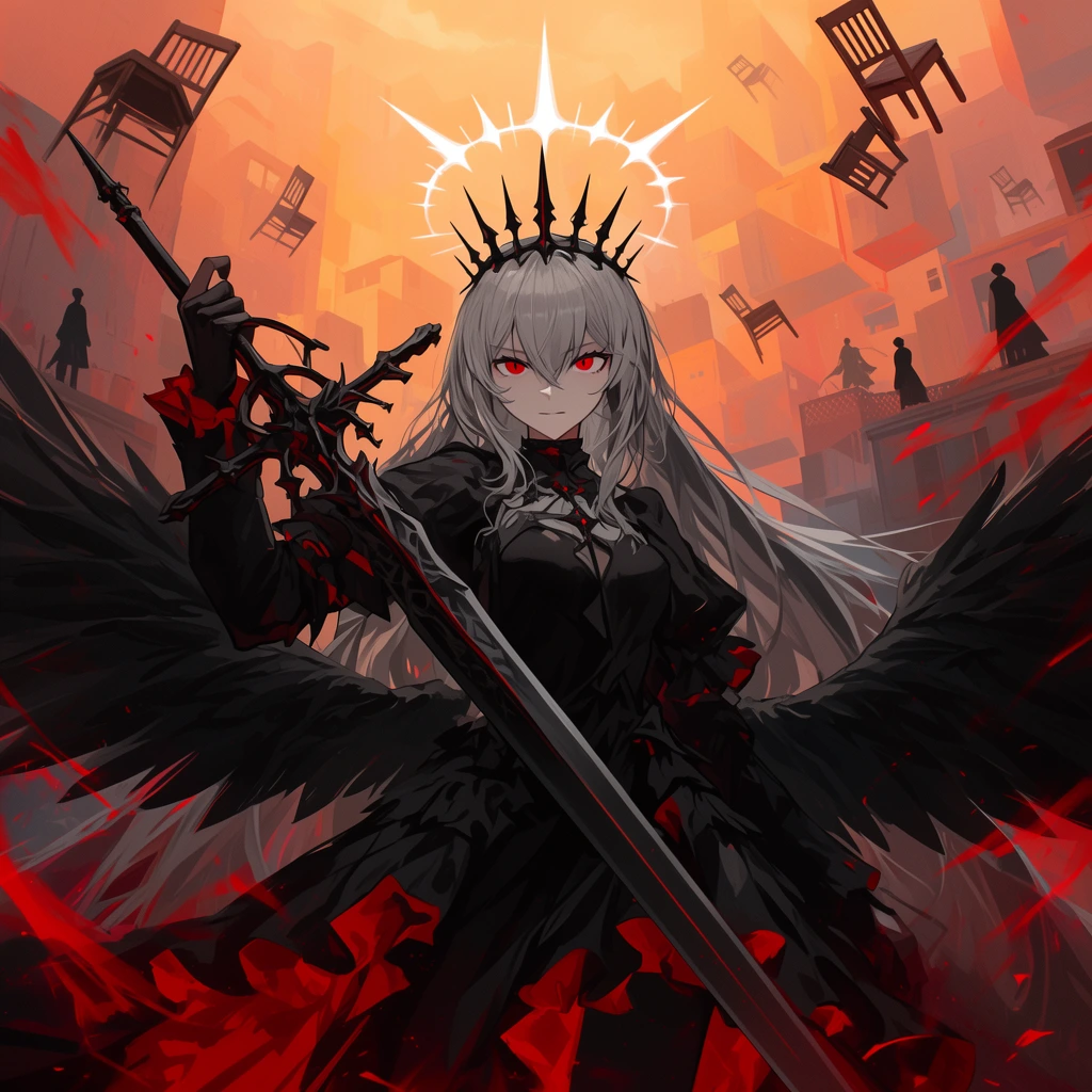 female anime character, grey hair, piercing red eyes, dark spiky crown, black dress, large black feathered wings, glowing white halo, wielding a massive longsword, surreal geometric cityscape, hazy orange sunset lighting, floating wooden chairs in the sky, distant silhouetted figures on rooftops, red atmospheric splashes, dark fantasy digital illustration