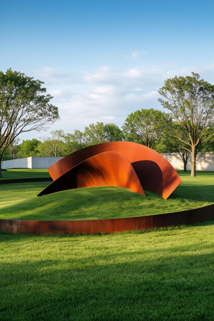 large curved rusted steel abstract sculpture emerging from a grassy mound, sweeping wave-like metal form with rich orange oxidation, low rusted steel border curving through foreground grass, lush green lawn, scattered mature trees, light grey concrete wall in the midground, bright afternoon sunlight casting long shadows, clear blue sky with soft white clouds, wide landscape photography, high contrast between warm rust and vibrant green