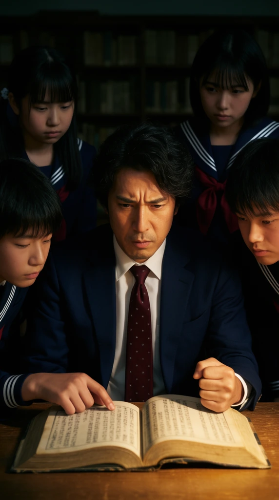 A group of five individuals gathered around a thick, open book on a wooden table, intense focus, central figure is an adult man with dark wavy hair, furrowed brow, wearing a navy blue suit jacket, white shirt, maroon patterned tie, his right hand resting near the book, left fist clenched on the table, surrounded by four young people in traditional Japanese school uniforms, one boy on the left leaning in and pointing at the page, one boy on the right leaning in, one girl on the far left looking down, one girl behind the man in a sailor suit style uniform, dimly lit library setting, warm light illuminating the central man's face and the book, dark background, cinematic lighting, medium shot, high contrast.