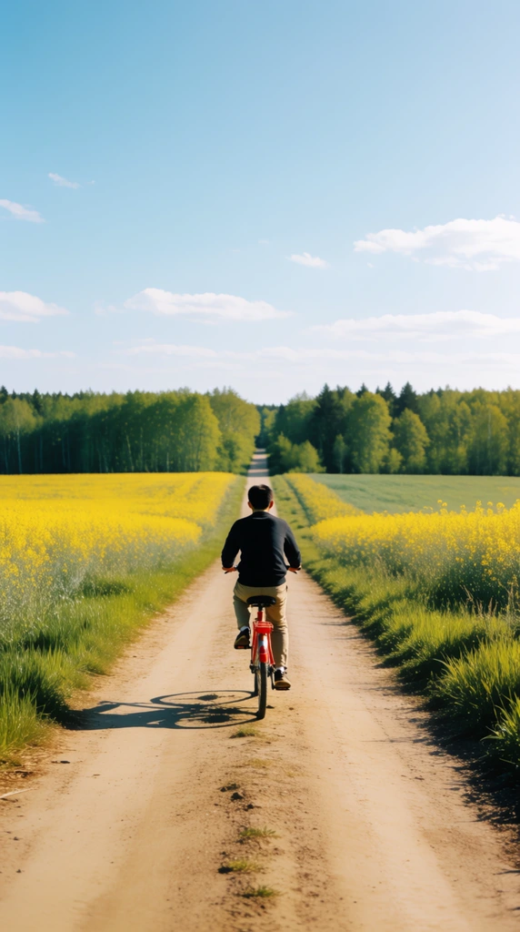 A person pedals a red bicycle down a straight dirt road receding into a rural landscape. Seen from behind, the cyclist wears a dark long-sleeved top and light khaki pants. The unpaved path cuts through vibrant fields of yellow blooming flowers and tall green grasses. A dense forest of green trees lines the horizon beneath a vast, bright blue sky with sparse white clouds. Bright summer sunlight casts crisp shadows to the left, enhancing the warm, film-like aesthetic and symmetrical single-point perspective of the tranquil countryside scene.