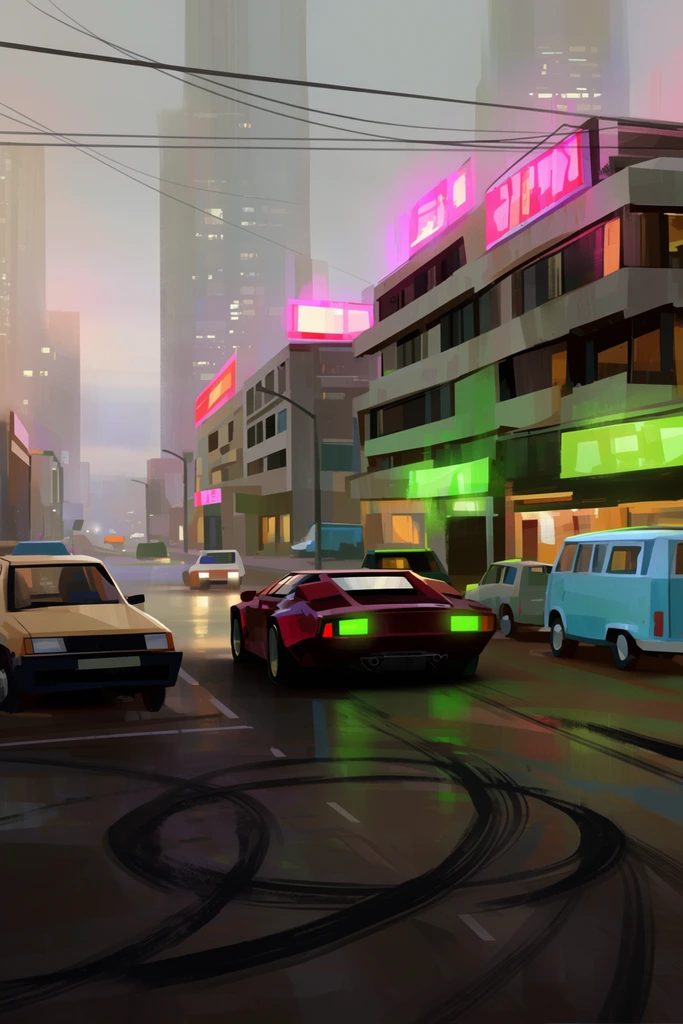 A stylized digital painting of a retro-futuristic city street at dusk, anchored by a low-slung dark red sports car with glowing green taillights driving away. The wet asphalt reflects ambient light and features distinct circular skid marks in the immediate foreground. A boxy tan hatchback sits on the left, with a light blue retro van parked along the right curb. Mid-rise concrete buildings line the avenue, topped with vibrant pink and green glowing neon signs illuminating the misty air. Hazy, towering skyscrapers fade into a soft, overcast sky crisscrossed by dark power lines. The artwork is characterized by thick, expressive brushstrokes, strong blocky lighting, and a hazy atmospheric perspective typical of vintage cyberpunk concept art.