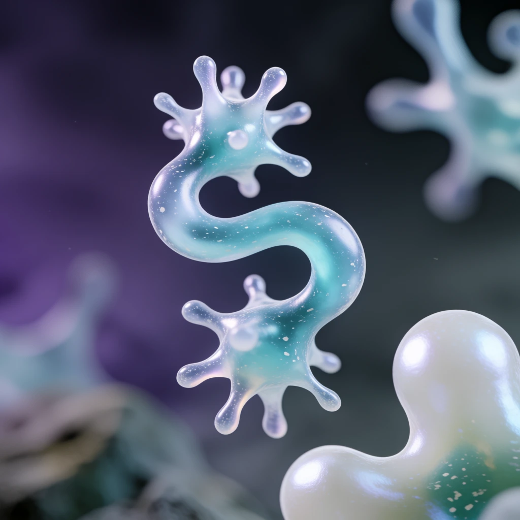 An iridescent, translucent biological form with spiky ends floats against a dark, atmospheric background. A central, serpentine-shaped entity made of a semi-transparent, pale blue material features a pearlescent finish and tiny white flecks. This creature possesses two bulbous, star-shaped extremities, each with multiple tapering spikes. In the lower right foreground, a large, opaque white bulbous form with a glossy, pearly texture curves upward, while another similar, blurred translucent structure is visible in the upper right corner. These objects appear to be suspended in a dark, shadowy landscape with a blurred, uneven texture resembling rocky terrain or a seabed. The environment is hazy with a gradient of deep purple and charcoal grey. This macro image uses a very shallow depth of field, keeping the central S-shaped form in sharp focus while the surrounding elements are heavily blurred. The lighting is soft and directional, creating bright highlights on the smooth surfaces and a gentle internal glow. The color palette is dominated by cool tones of teal, lavender, and white against a dark, moody background, resulting in a surreal aesthetic resembling a digital rendering of microscopic life.