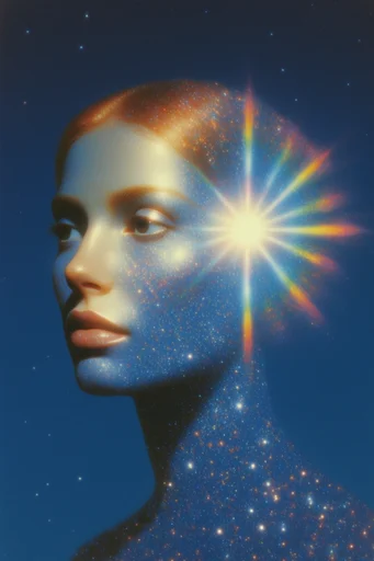 Cosmic Retro-Surreal Glitz style reference image — heavy film grain