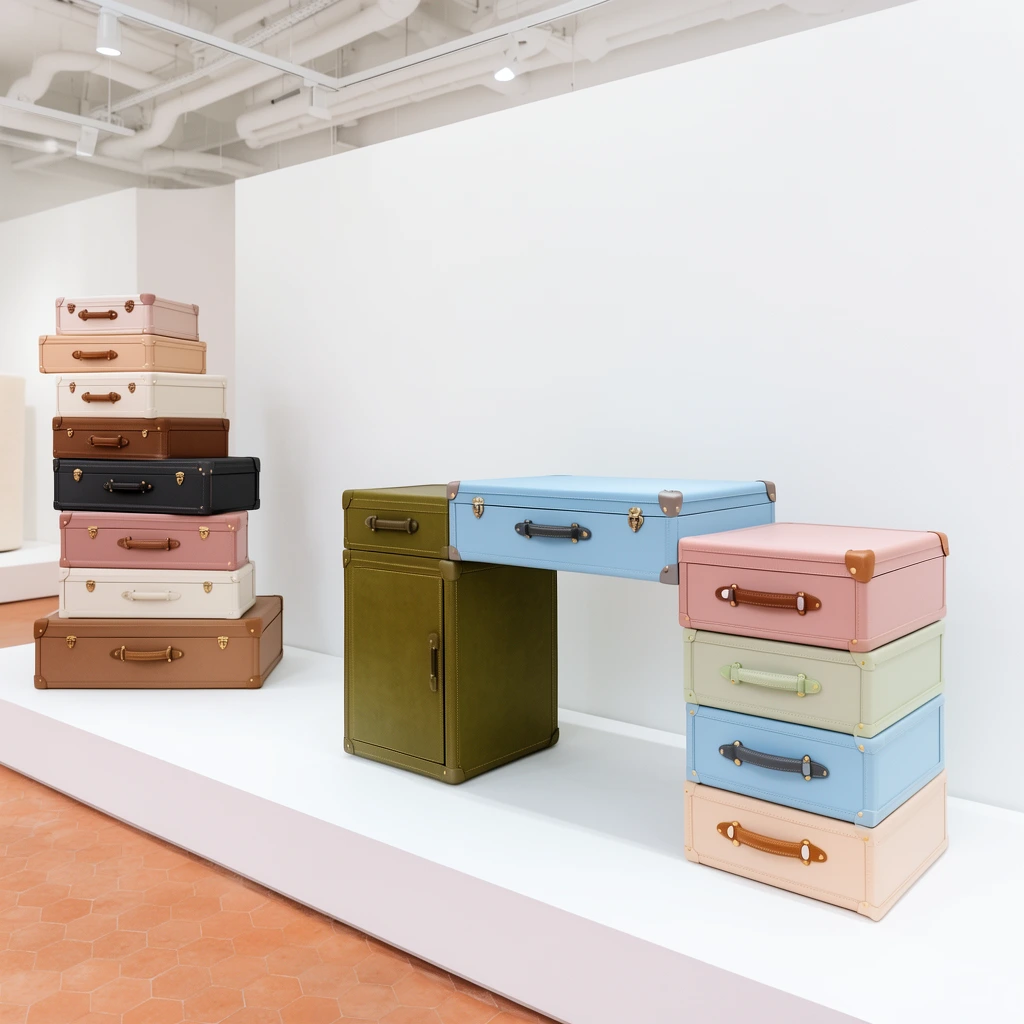 Modular furniture resembling vintage leather luggage with classic handles displayed in a brightly lit, minimalist white gallery. On a raised white plinth, a desk configuration features a flat light blue trunk bridging a tall olive green cabinet and stacked pastel drawers. To the left, an irregular vertical stack of trunk-cabinets rises in muted earth tones of dusty rose, charcoal, and cream. Stark walls, exposed ceiling pipes, and a terracotta floor complete the contemporary showroom aesthetic, emphasizing the stitched textures of the whimsical pieces.