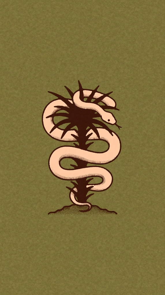 A stylized vintage graphic illustration of a pale peach snake coiled around the dark brown silhouette of a spiky, palm-like plant. Centered against a flat, muted olive-green background with a heavy, uniform grainy texture, the snake's body forms a fluid, winding loop around the rigid, jagged stem. The plant emerges from a small, textured mound of soil at the base. The artwork utilizes a minimalist three-color palette, enhanced by delicate stipple shading along the snake's underside to create subtle volume. The serpent's head rests near the upper foliage, minimally detailed with a single dot eye and a thin protruding tongue, characteristic of a retro screen-printed design with bold outlines and stippled gradients.