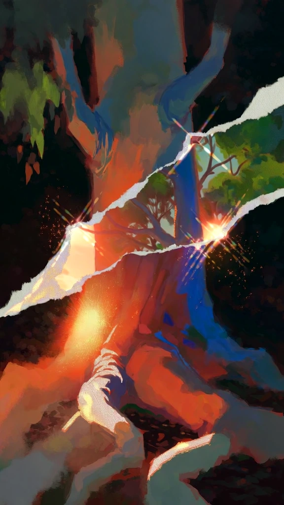 painterly digital illustration, majestic eucalyptus tree with thick gnarled roots twisting from dark soil, dramatic orange and fiery red rim lighting, deep teal and indigo shadows, central jagged torn paper collage effect revealing a bright sunlit green canopy, visible expressive brushstrokes, cinematic noir aesthetic, high contrast, warm glowing highlights, sparkling cross-shaped lens flares, atmospheric dust, textured paper edges, stylized neo-anime artistic rendering