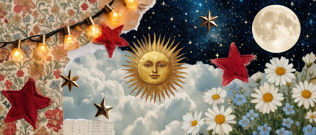 Mixed-media celestial and botanical collage, intricate vintage floral pattern, fluffy clouds with a golden sun face, starry night sky with a full moon, vintage white daisies and blue flowers, glowing warm string lights, textured red fabric stars, metallic gold star charms, torn paper transitions, bohemian aesthetic