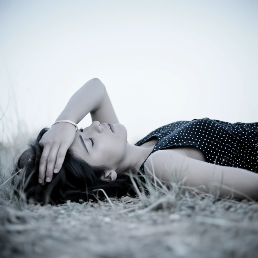 A woman lies supine on dry ground with closed eyes in a cool-toned, heavily desaturated photograph. She wears a dark sleeveless polka-dot dress. Her left arm rests across her forehead, fingers tangled in dark hair, displaying a thin pale bracelet. Sparse, soft-focus dry grass blades frame her body in the foreground. A ground-level camera angle captures the subject against a stark, luminous, featureless background, utilizing a shallow depth of field and soft, diffused lighting.