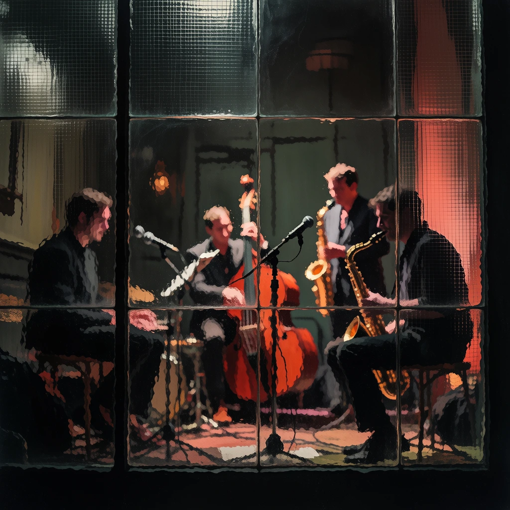 jazz quartet performing with microphones on tall stands seen through thick textured cross-hatched architectural glass, fragmented grid-like distortion, blurred silhouettes of four musicians, moody low-key lighting, dark charcoal and deep pine green shadows, vibrant pops of warm terracotta and amber stage lights, cinematic impressionistic aesthetic, distorted glass tiles creating a blocky mosaic effect, sophisticated atmosphere, high contrast, vertical framing, abstract texture.
