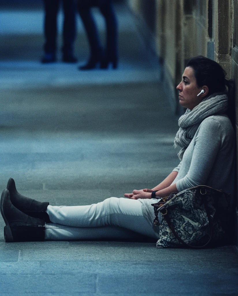 woman sitting on floor of a dimly lit stone corridor, leaning back against a wall, legs extended, hands resting in her lap, wearing a light gray top, thick scarf, pale pants, dark ankle boots, single white earbud in her ear, patterned tote bag resting beside her, looking straight ahead with a weary expression, cool blue and muted gray tones, cinematic lighting, shallow depth of field, blurred background showing the lower halves of two people standing in the distance, heavy film grain texture, wide anamorphic framing