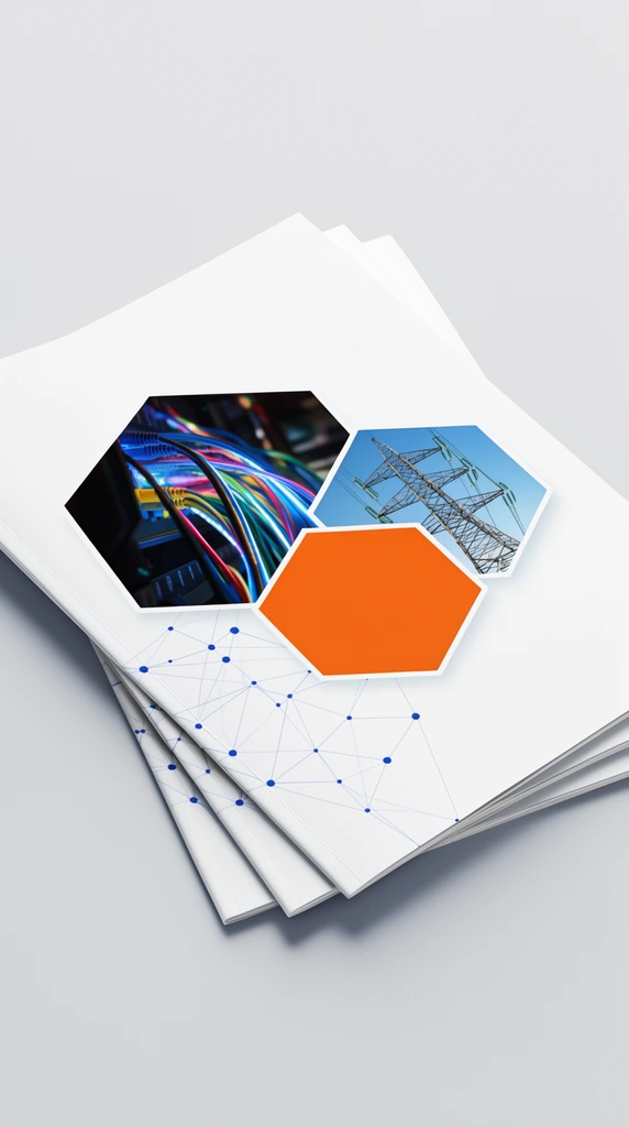 A staggered stack of three white saddle-stitched booklets rests on a seamless light gray studio backdrop. The uppermost cover features a clean design centered around layered geometric shapes, including a large dark hexagon displaying illuminated multicolored network cables and a secondary hexagon showing a steel electrical transmission tower against a clear blue sky. A solid vibrant orange hexagon accents the central cluster. A delicate web of blue dots connected by fine lines branches across the lower left of the white cover. The overhead isometric perspective highlights the crisp edges and subtle drop shadows of the slightly fanned paper stack under soft, diffused lighting.