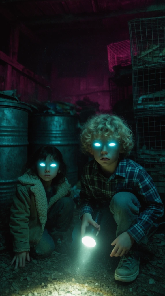 Two children crouching in a dark shed, intense glowing featureless cyan eyes, older boy with curly blonde hair in plaid shirt holding a flashlight, younger girl with dark hair in sherpa-lined jacket, cluttered background with metal barrels and wire cages, heavy teal and magenta color grading, high contrast cinematic lighting, deep shadows, grainy film texture, sci-fi horror aesthetic