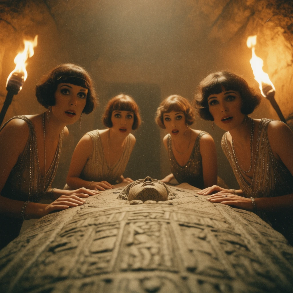 Four adult women with 1920s bobbed hairstyles, wearing beaded art deco dresses, leaning heavily over a massive carved stone sarcophagus, low-angle shot looking up from inside the tomb, wide eyes and parted lips, faces illuminated by flickering warm orange torchlight, dark cavernous stone walls, dusty atmosphere, cinematic 35mm film grain, sepia color grading