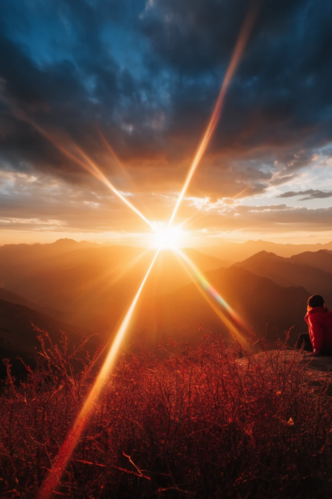 Panoramic mountain sunset, dramatic golden and dark blue cloudy sky, brilliant sunburst with intense diagonal lens flares, dry reddish foreground brush, person in red sitting on far right edge, warm cinematic golden hour lighting
