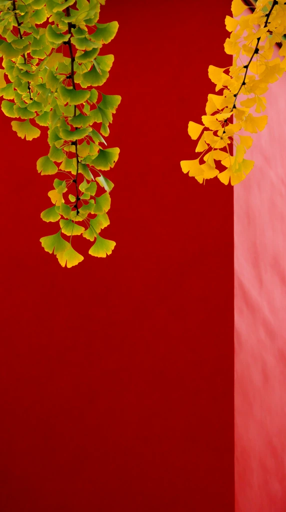 fan-shaped ginkgo leaves dangling from upper left and right corners, vibrant green and golden yellow foliage, striking contrast against a solid crimson red wall, subtle architectural corner on the right, minimalist composition, vast negative space, high saturation, natural daylight, organic elements juxtaposed with a smooth flat surface, crisp focus