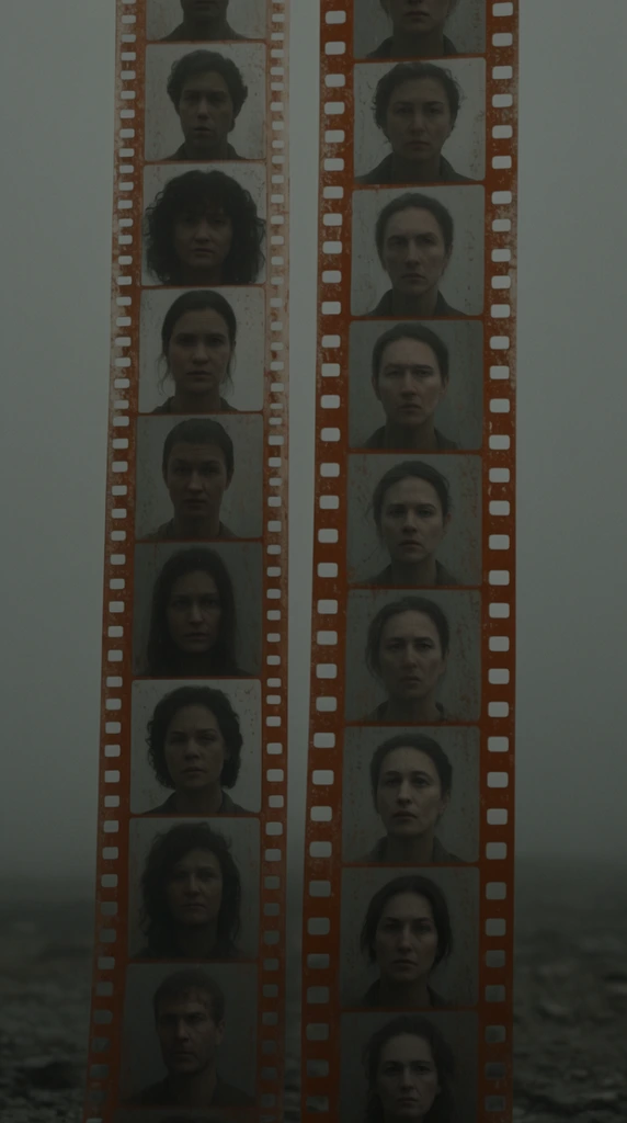 Vertical celluloid film strips displaying sequential portrait frames of faces, positioned against a stark, minimalist, overcast grey background. The film strips feature desaturated rust-orange and faded ash-grey tones with a textured, matte finish. The faces within the cinematic frames are lit by flat, diffused, low-key lighting. The environment is desolate and somber, emphasizing a muted, low-contrast color palette. The aesthetic mimics gritty, photorealistic cinematic photography with soft shadows and visible film grain.