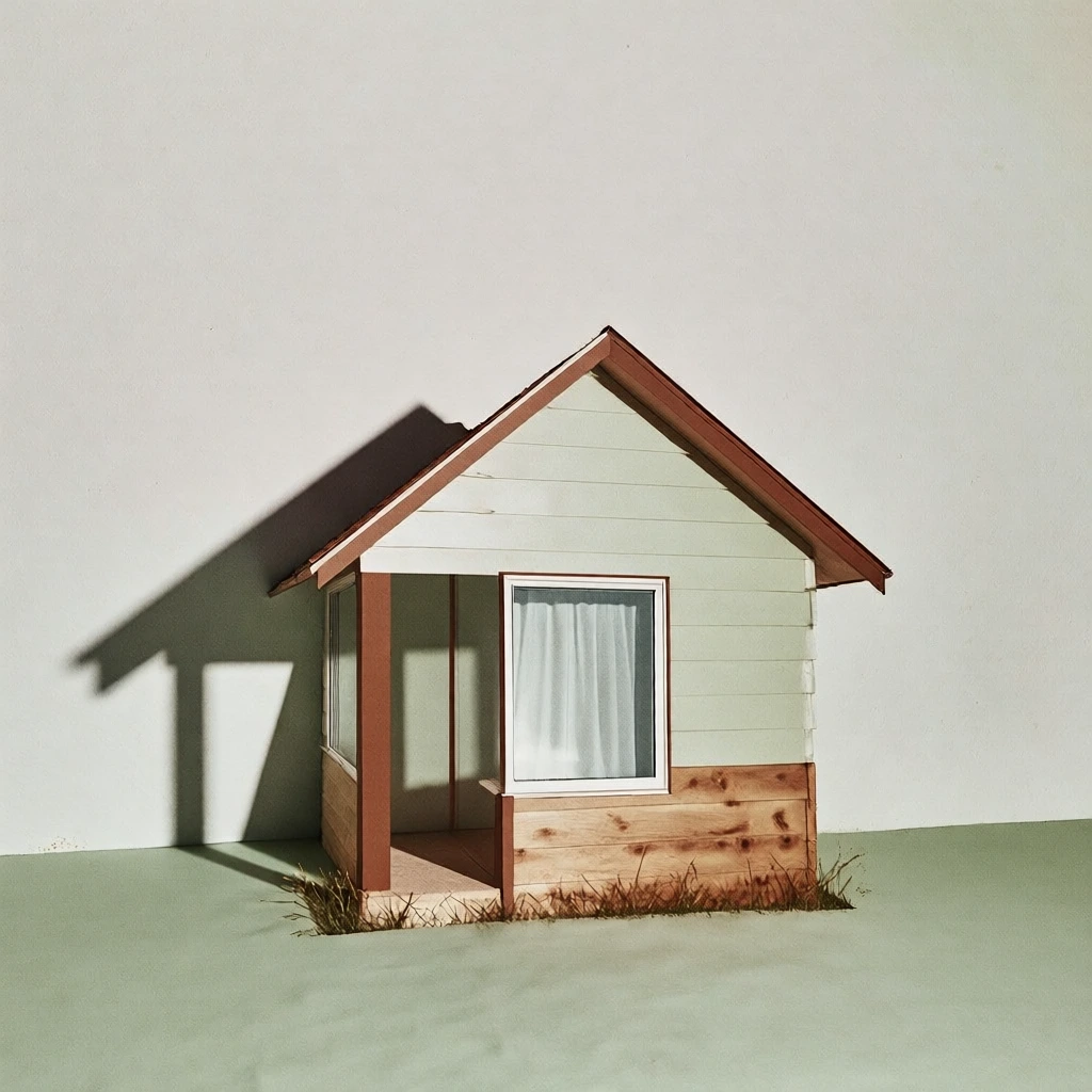 minimalist architectural study of a small house with horizontal wooden siding, light natural wood grain, sitting on a patch of sage green grass, positioned against a stark off-white wall, harsh direct flash lighting, deep black shadows cast sharply to the side, grainy texture, vintage 35mm film aesthetic, deadpan composition, muted retro palette, high contrast, sharp focus, surrealist editorial vibe.