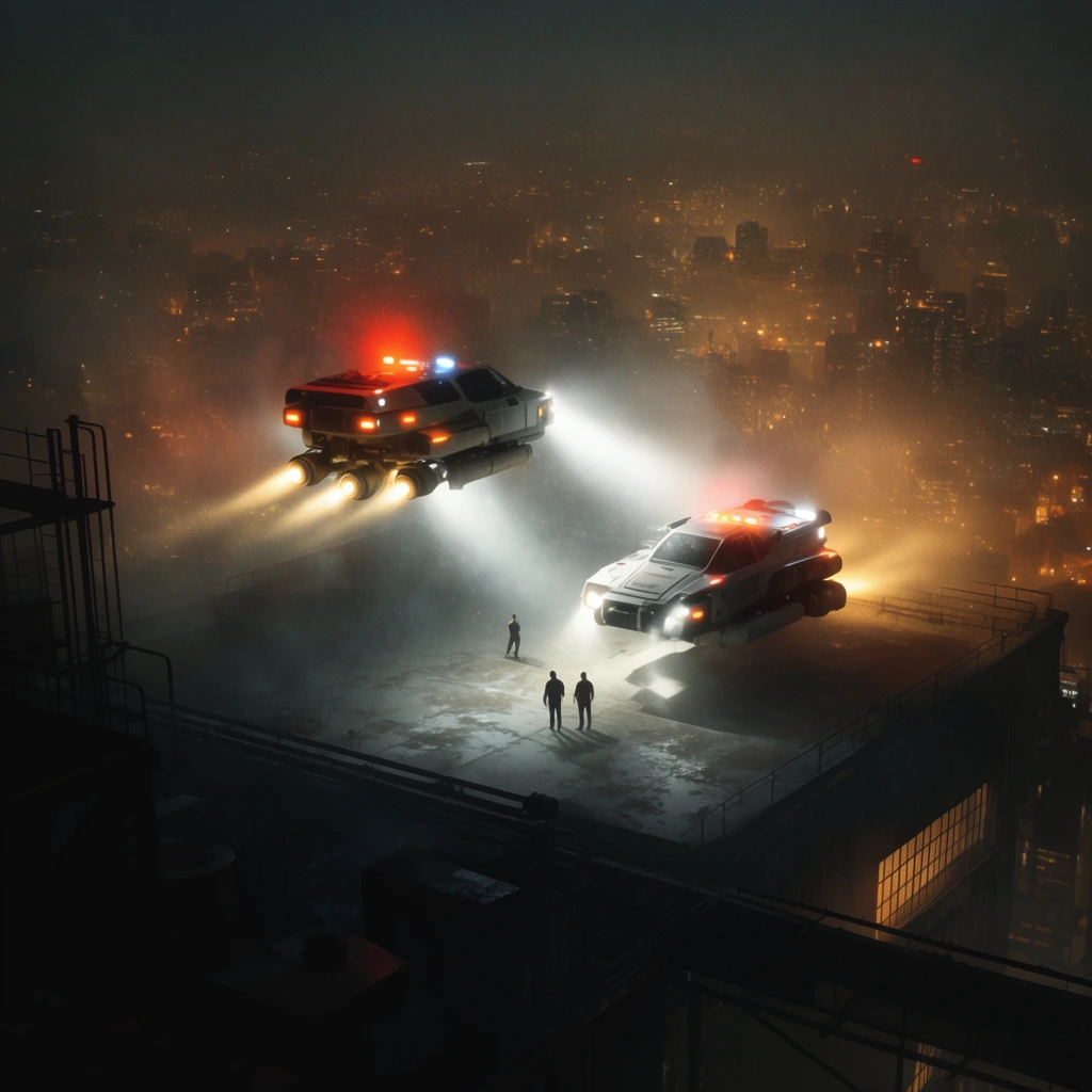 Two futuristic hovercrafts with glowing thrusters and emergency lights cast intense white spotlights onto an industrial rooftop, illuminating tiny silhouetted figures. A sprawling night metropolis of amber lights stretches far below through thick cinematic mist.