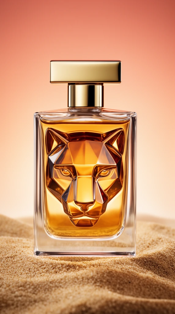 glass perfume bottle, amber liquid, interior sculpted as a geometric feline face, flat gold cap, resting on warm sand, peach gradient background, high-end product photography, studio lighting