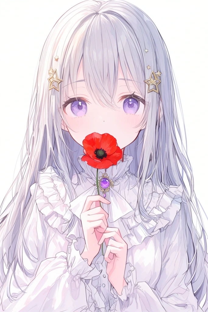 young anime girl with flowing silver hair and soft purple eyes, holding a bright red poppy near her lips, frilly white dress with ruffled collar and purple gem brooch, gold star hair clips, pure white background, delicate line art, soft pastel colors