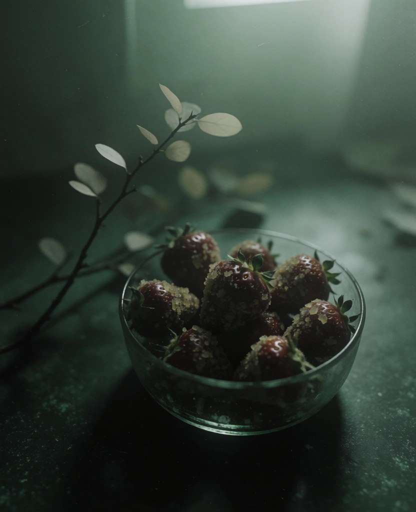 cinematic high-angle shot, transparent glass bowl filled with dark red strawberries coated in a coarse granular substance, sitting on a dark speckled surface, moody underexposed aesthetic, soft diffused lighting, heavy atmospheric haze, desaturated emerald and muted sage color palette, rich tactile textures, organic film grain, melancholic quiet atmosphere, soft focus background, deep organic shadows, ethereal quality, pervasive dark green tonal grade