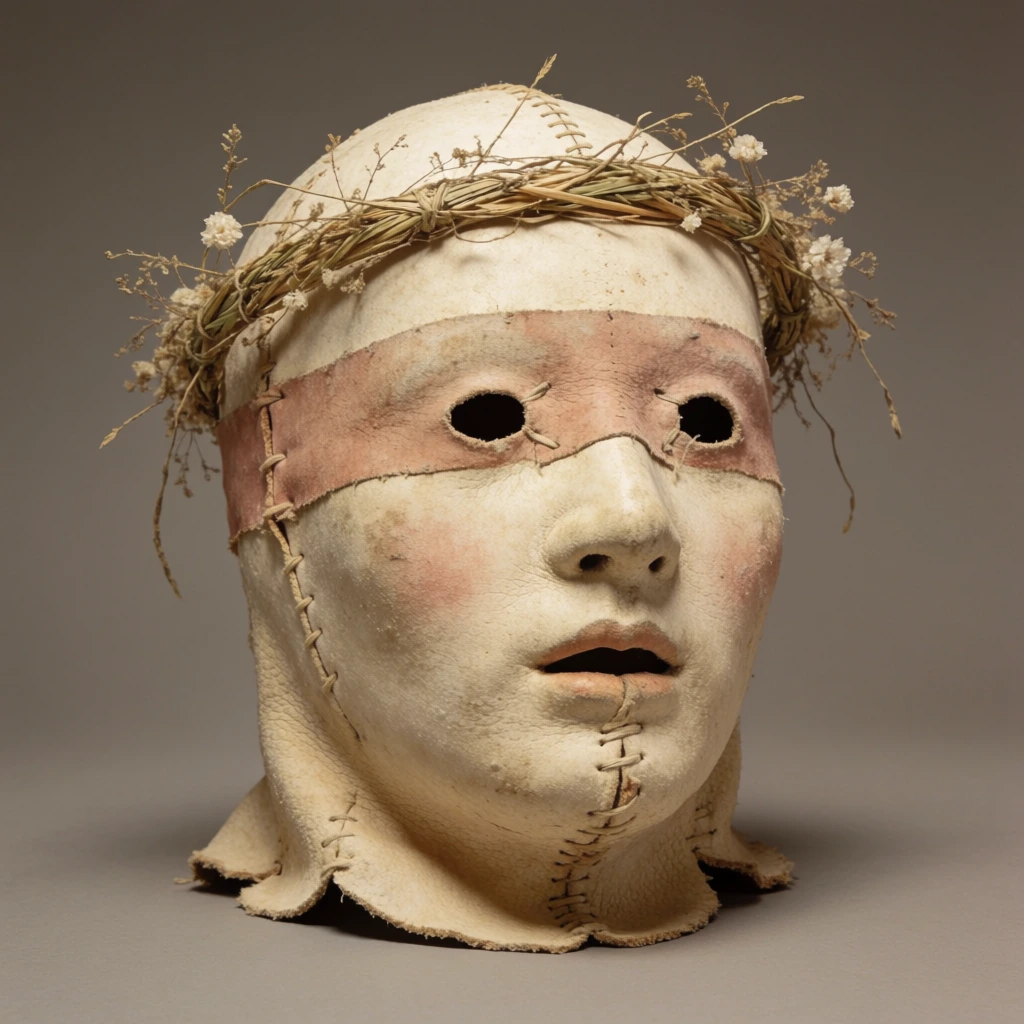 A pale, textured rawhide full-head mask rests against a solid warm-grey backdrop. A fragile wreath of dried woven grass, thin twigs, and tiny white flowers crowns the smooth, rounded head. A faded, dusty-rose horizontal band spans across the face, intersecting two small, dark, circular eye cutouts. The visage features a slightly parted dark mouth and a faint pinkish blush on the cheeks. Coarse, uneven stitching joins the material vertically down the center of the chin and loosely draped neck. Soft studio lighting emphasizes the porous, leather-like surface and raw construction of the sculptural artifact.