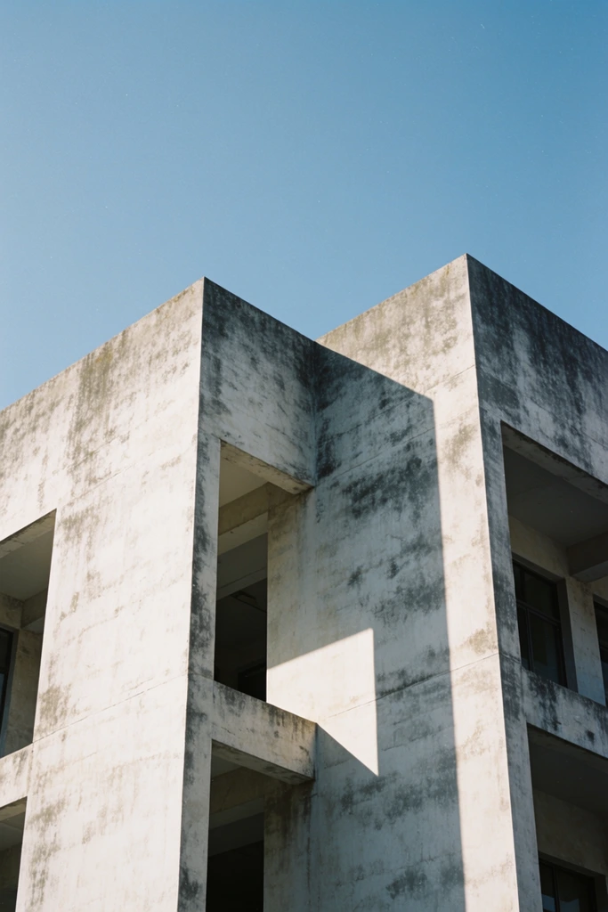 A low-angle architectural shot of a weathered brutalist concrete building against a clear blue sky. The geometric facade features stark right angles and deep rectangular structural cutouts. Harsh sunlight casts sharp shadows across the stained, highly textured pale gray walls. The composition emphasizes minimalist architectural photography with striking contrast and a noticeable vintage film grain.