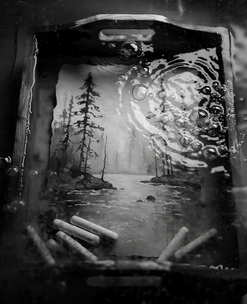 black and white high contrast monochromatic fine art photography, top-down view of a wooden tray filled with water, a submerged painting of a dense forest and river, scattered pastel sticks resting at the bottom, surface ripples and bubbles distorting the view as if seen through a glass pane, moody chiaroscuro lighting, grainy cinematic texture, visceral atmosphere, dark shadows, sharp wood details contrasted with blurred liquid elements, surreal and hauntingly beautiful.