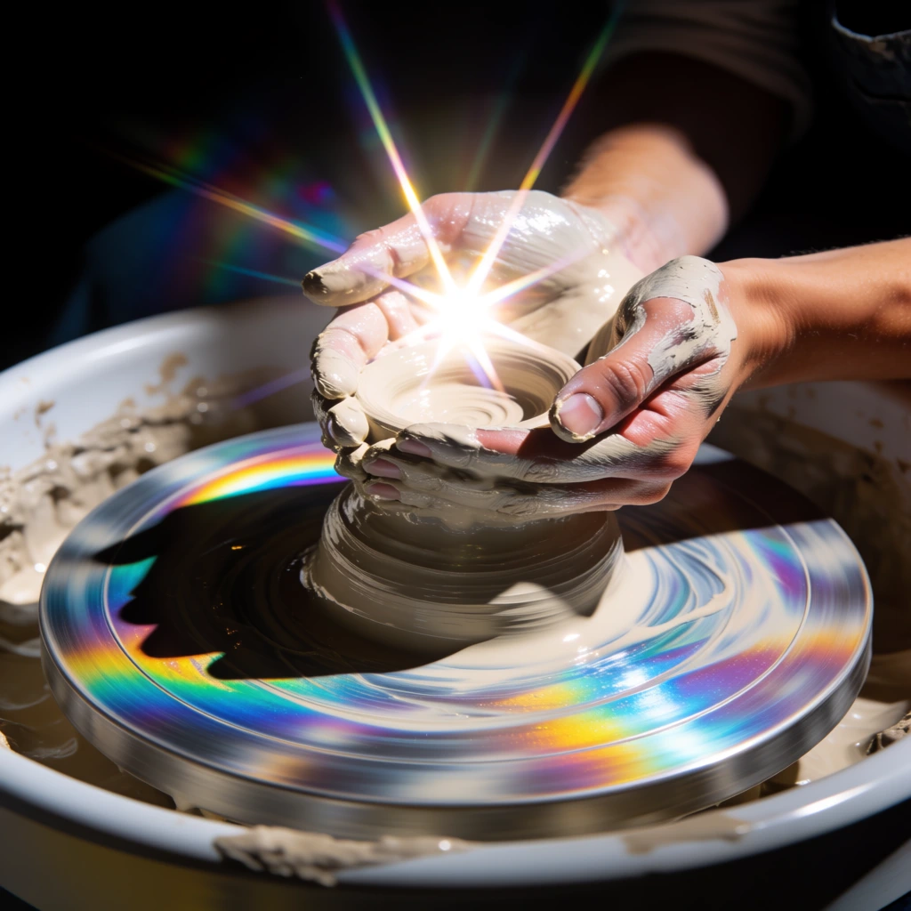 Clay-covered hands cup a brilliant starburst of light over a spinning pottery wheel in a dark setting. The wet slip below gleams with a swirling, iridescent holographic rainbow sheen, illuminated by dramatic high-contrast lighting and glowing lens flares.