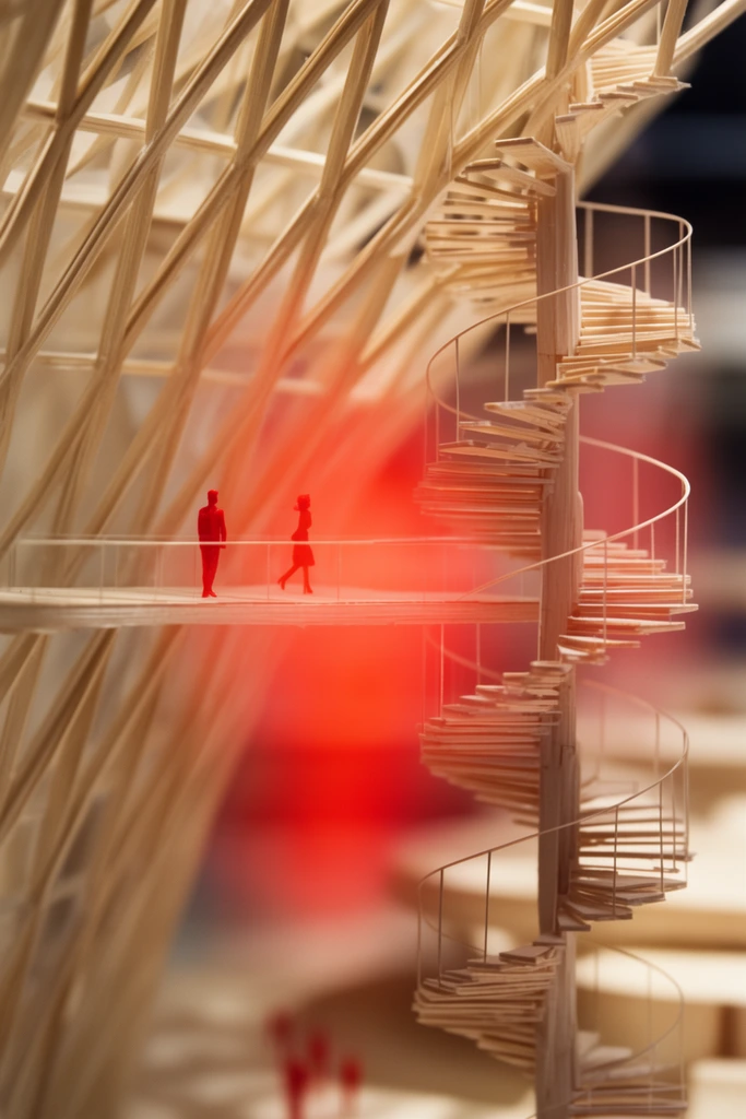 architectural balsa wood scale model, intricate spiral staircase, suspended walkway, angled lattice, tiny red silhouette figures, macro photography, shallow depth of field, warm lighting, prominent blurred red light leak in center foreground