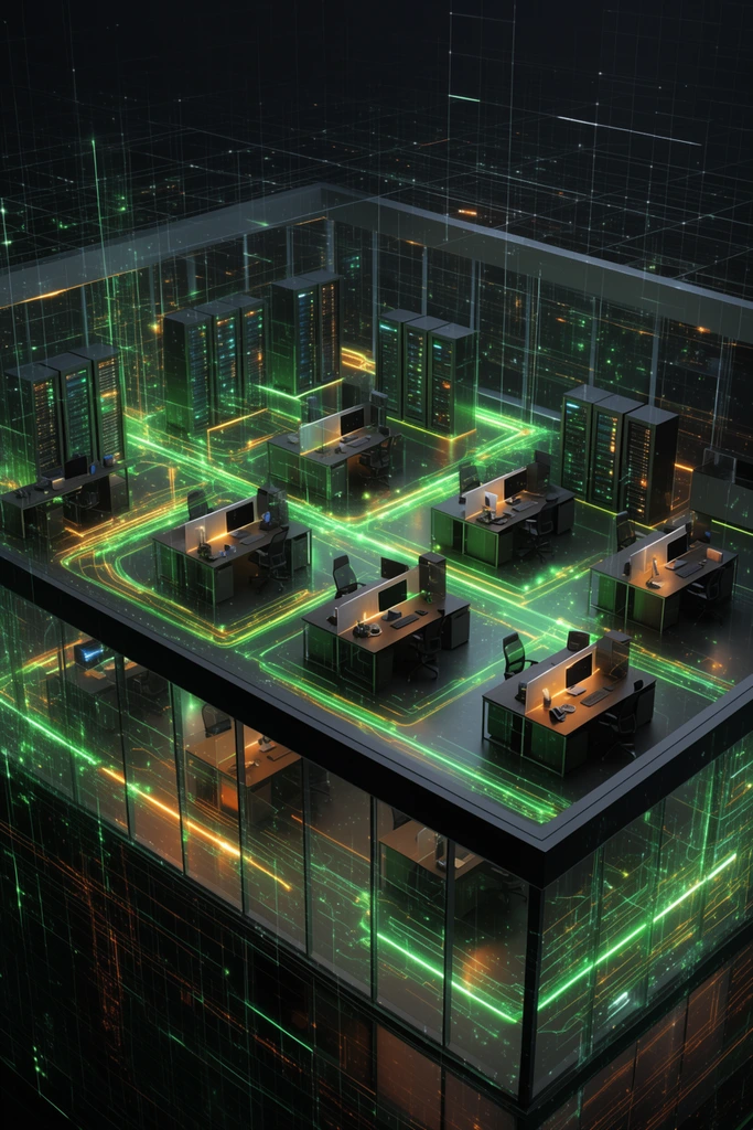 High-angle architectural cross-section of a dark modern office overlaid with a futuristic digital grid. Glowing neon green and orange circuitry lines trace the floorplan, connecting desks and server racks across the glass-walled structure with volumetric lighting.