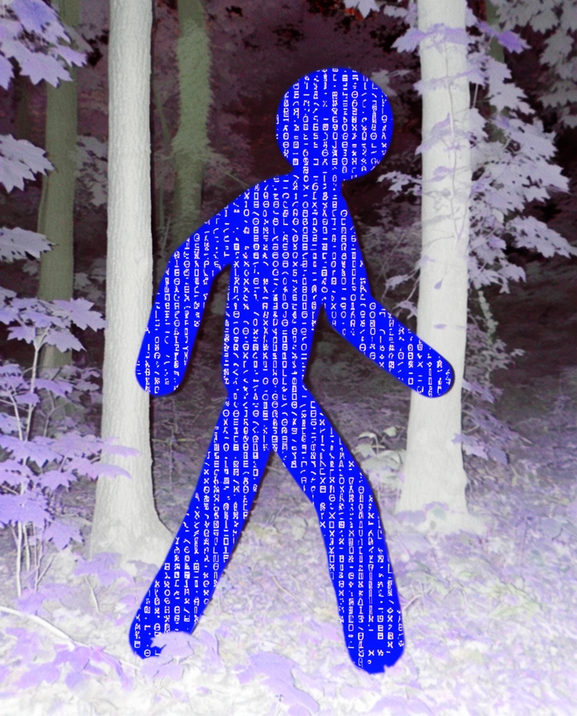 A solid chroma-blue silhouette of a stick figure filled with dense white digital code and typographic symbols walking among trees. The surrounding forest features a false-color, partially inverted photographic aesthetic with overexposed pale gray trunks and pale purple leaves. Harsh direct flash photography creates flat, stark illumination. The overall image strongly exhibits a low-resolution early digital camera aesthetic with severe JPEG compression artifacts and prominent digital grain.