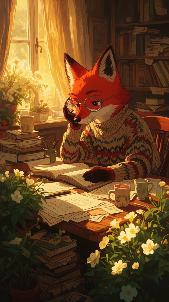 An anthropomorphic red fox wearing wire-rimmed glasses and a patterned sweater reads intently at a wooden desk, resting its head on one hand. Golden sunlight streams through a draped window behind the fox, casting warm shadows across scattered papers, books, and ceramic mugs. Lush potted plants with glowing white flowers frame the foreground of the cozy, cluttered study, rendered in a highly detailed, atmospheric anime illustration style.