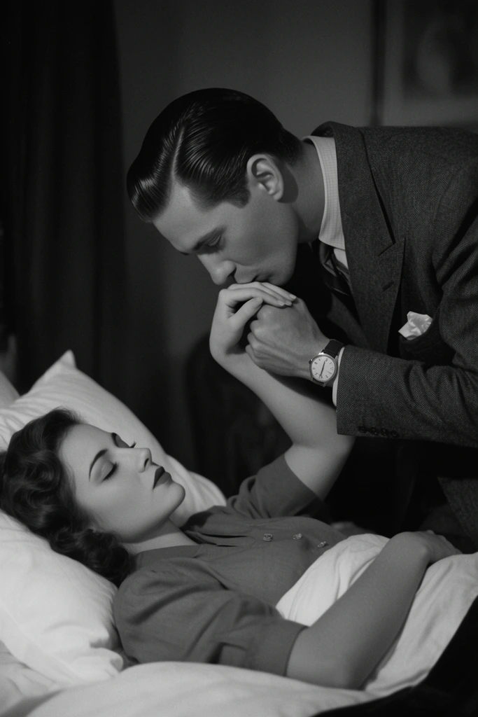 Black and white film still, man in a tailored suit leaning over a bed kissing the hand of a resting woman, woman lying on her back with eyes closed against a crisp white pillow, man with slicked-back hair wearing a jacket with a pocket square and a vintage wristwatch, soft moody lighting, deep shadows, vintage 1940s cinematic composition, subtle film grain