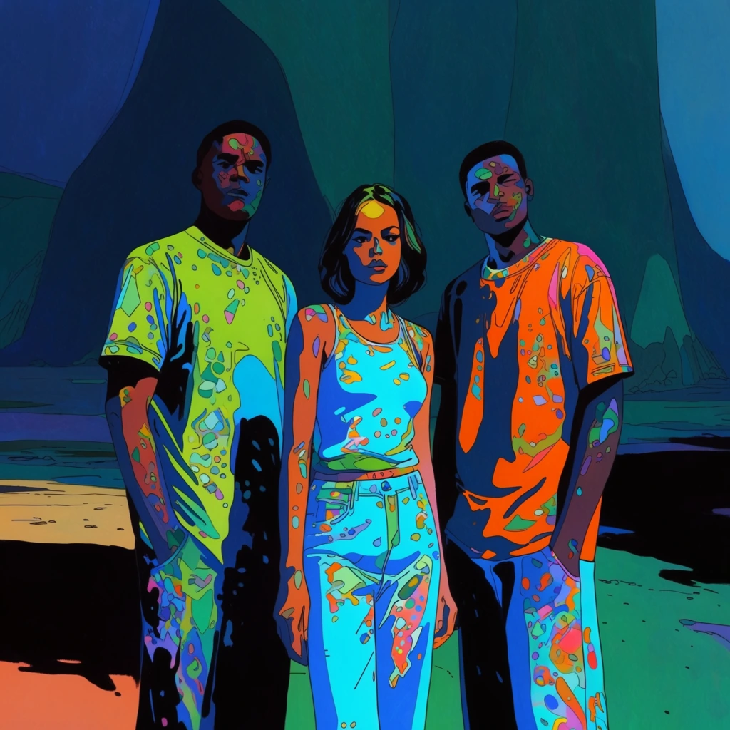 A central woman stands between two men in a vibrant, 2D graphic illustration utilizing a high-contrast, ligne claire comic style and intensely saturated color blocking. The three figures are defined by bold, varying black outlines, their clothing and skin filled with flat, vivid hues of luminous cyan, bright orange, and lime green. Sharp, solid cel-shaded shadows in deep navy and heavy black cut across their forms, contrasting fiercely with bright, abstract geometric highlights and stylized, speckled color pools detailing their surfaces. They are positioned against a massive, towering environment composed of smooth, monolithic geometric shapes shrouded in dark, moody teals and deep blues. The foreground consists of stark, flat plains of color abruptly meeting heavy, ink-like shadows. The artwork features crisp, hand-drawn linework, flat psychedelic color fills, and graphic lighting relying on solid, distinct shapes to create a stark dichotomy between radiant neon tones and heavy, dark voids.