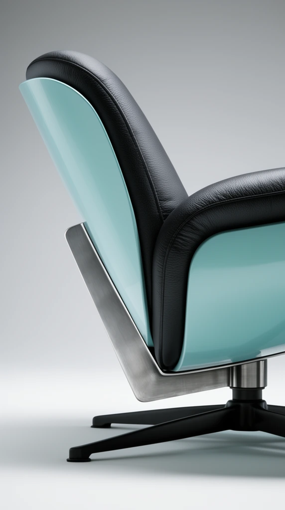 A close-up side profile of a modern lounge chair in a minimal studio. Curved black textured leather forms the plush armrest and seat, wrapped by a smooth, light teal outer shell. A heavy brushed steel L-bracket connects the backrest to a black four-pronged star swivel base. Soft diffused lighting emphasizes the contrast between the matte leather grain, the glossy shell, and the metallic hardware against a seamless grey-to-white gradient background.