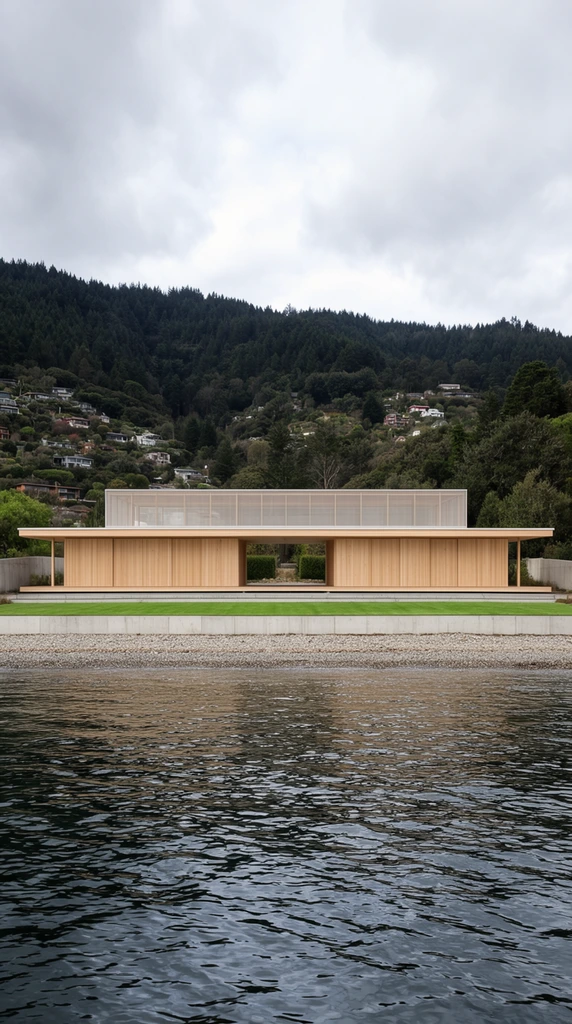 long single-story modern wood pavilion on a pebble shoreline, viewed from across rippling dark water, light blonde slatted facade, flat overhanging roof, translucent mesh upper volume, central open breezeway, vibrant green lawn strip, concrete retaining walls, steep dark green forested hills in the background, scattered hillside dwellings, overcast sky with soft gray clouds, diffuse daylight, straight-on wide-angle perspective, strong horizontal composition, crisp architectural photography