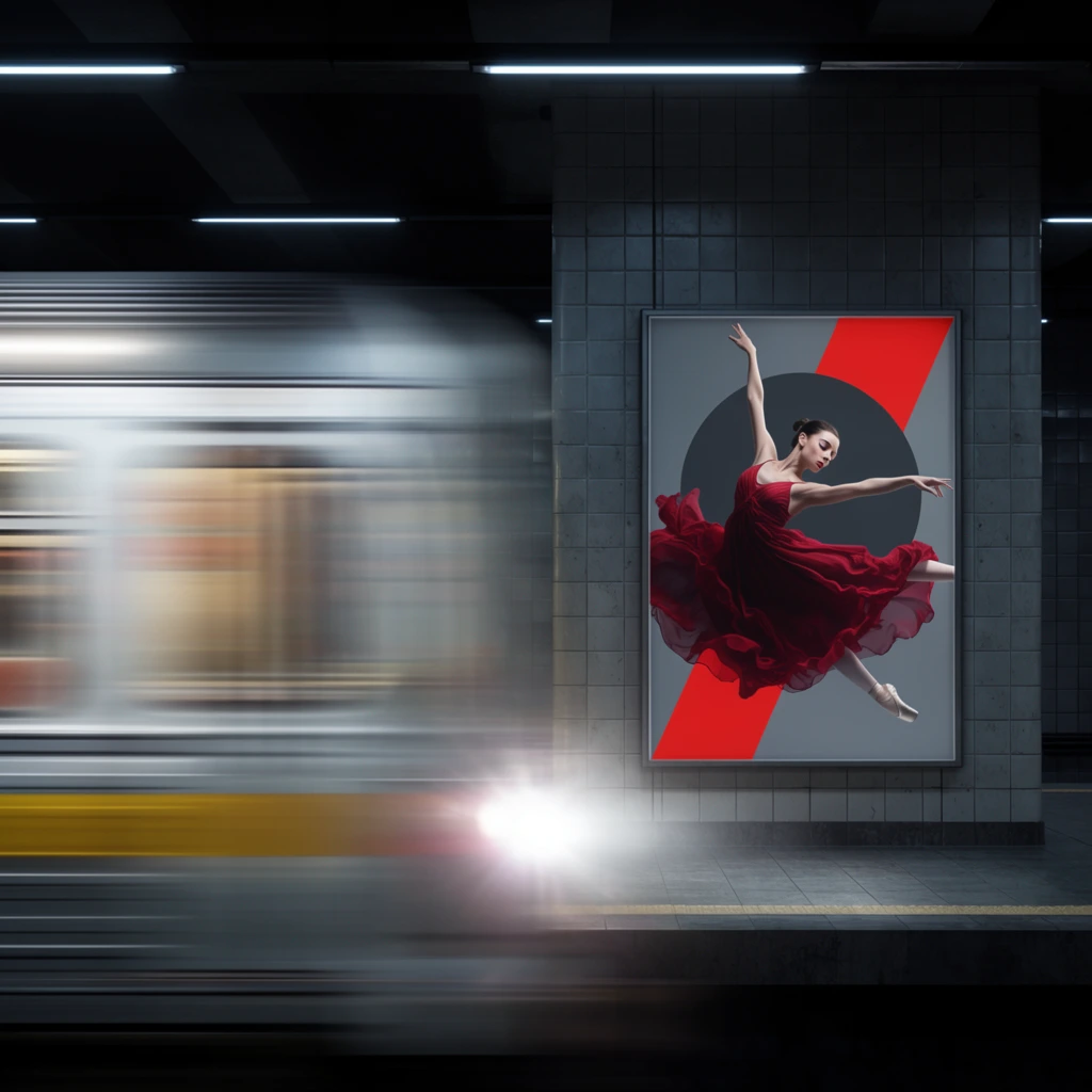 A dimly lit subway platform contrasting dynamic motion blur with crisp stillness. A speeding train streaks across the left foreground in horizontal bands of blurred white, yellow, and gray, accented by a glowing white flare. On the right, an illuminated vertical poster is mounted on a gray tiled pillar. The poster displays a leaping ballet dancer in a billowing crimson dress against a dark gray circle and a stark red diagonal rectangle. Sparse fluorescent tube lights glow from the dark ceiling overhead, completing the high-contrast, moody cinematic atmosphere.