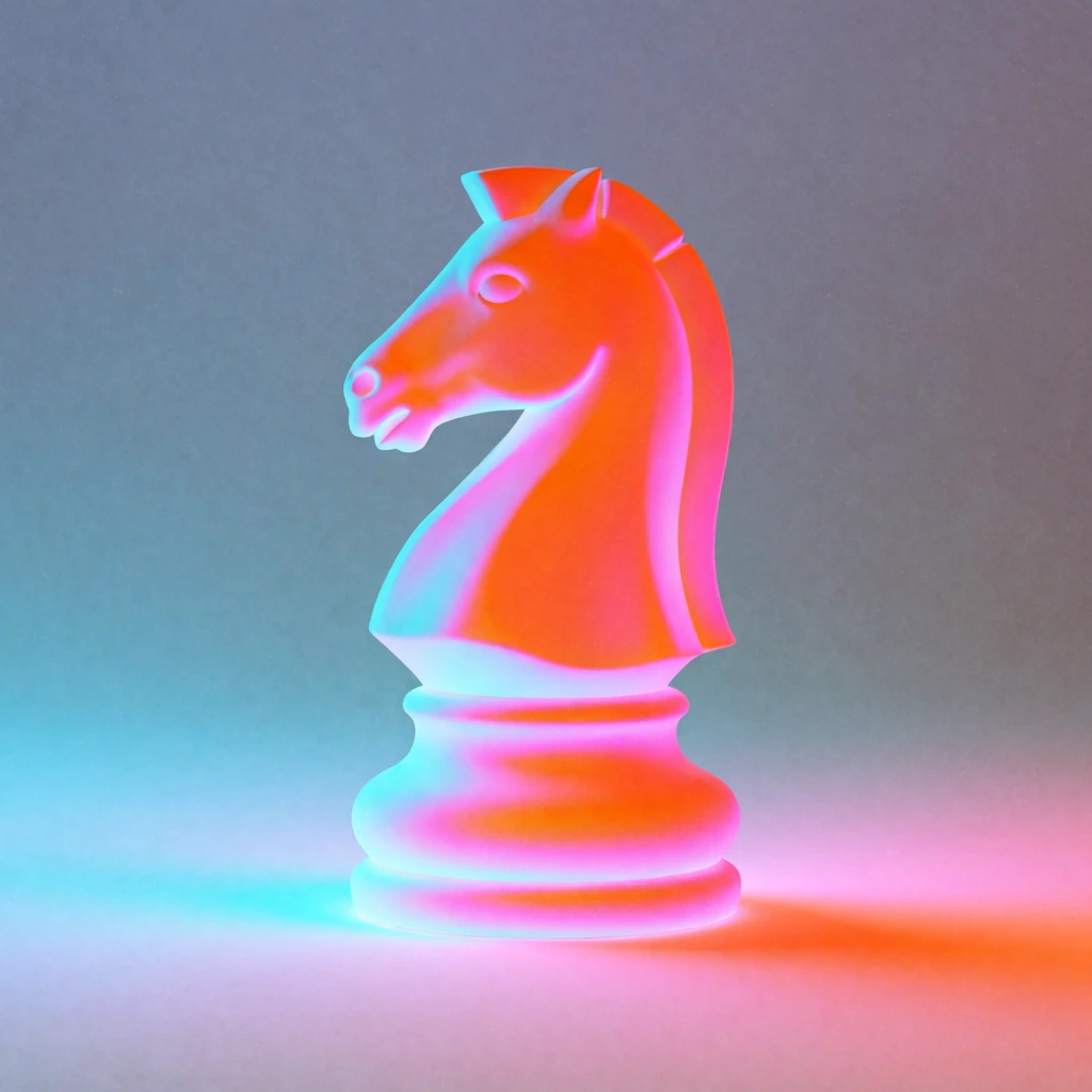 A 3D-rendered knight chess piece glows with vibrant, thermal-like neon gradients against a minimalist backdrop. The stylized horse head, seen in left-facing profile with a ridged mane and tiered circular base, features a smooth matte surface radiating luminous fiery orange, hot pink, and icy cyan hues. The seamless background transitions from a cool blue-grey down to a bright cyan and pinkish-orange floor, reflecting the object's soft subsurface scattering. Centered perfectly, the striking composition is unified by diffuse lighting and a fine film grain overlay, creating a bold retro-futuristic aesthetic.
