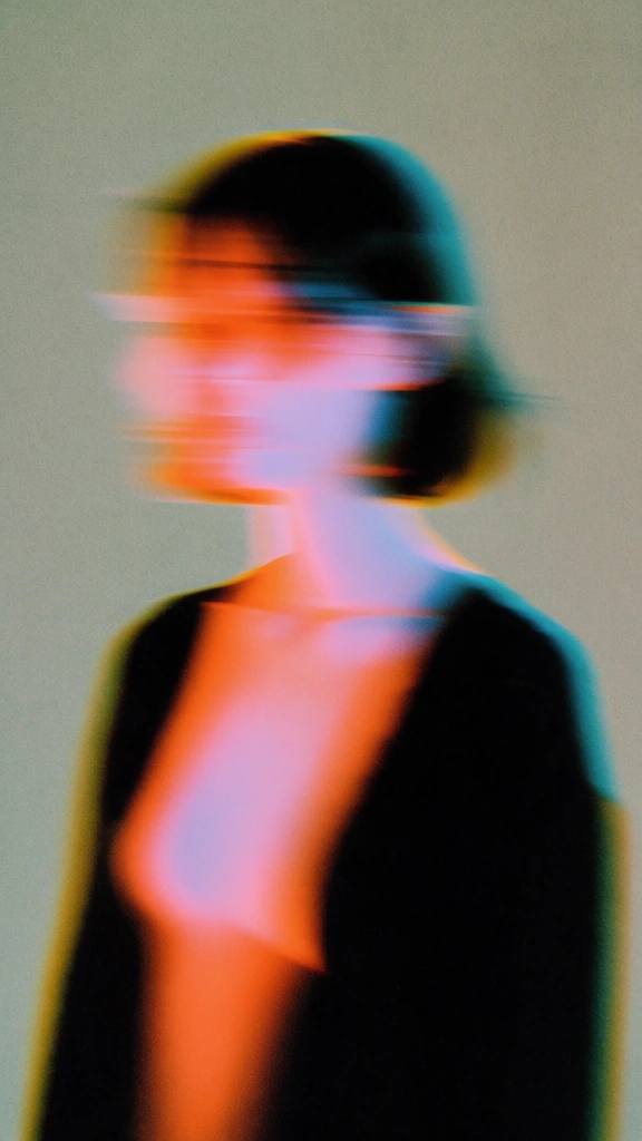 A stylized, abstract portrait of a person is rendered with intense motion blur and chromatic aberration against a grainy, neutral background. The figure, visible from the chest up, is oriented toward the left, though their features are obscured by heavy horizontal smearing that creates a glitch-like effect. The center of the face and chest glows with vibrant shades of neon orange and soft lilac, while the surrounding areas of the body and hair are a deep, saturated black. Fringing of cyan and yellow appears at the edges of the blurred motion, particularly around the head. The background is a solid, textured surface with a desaturated greenish-gray color and a heavy film-grain aesthetic. The overall composition is centered, using a low-shutter-speed photography technique to prioritize light and color over sharp detail, resulting in a dreamlike and ethereal aesthetic.