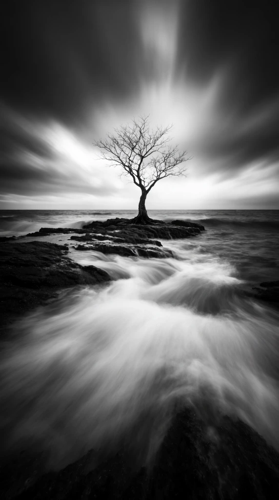solitary bare tree on rocky ocean outcrop, black and white long exposure photography, blurred rushing water, streaking dramatic clouds, high contrast, ethereal