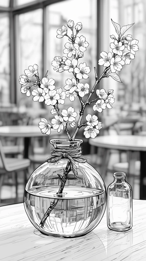 black and white line art of a cherry blossom branch in a spherical glass vase, half-filled with water, twine tied around the neck, small glass bottle alongside on a table, blurred cafe interior background with tables and windows, clean precise ink lines, shallow depth of field, clear glass reflections