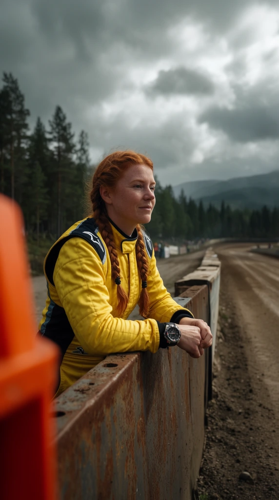 A female racing driver with long braided red hair and a bright yellow racing suit leans casually with her forearms resting on a weathered, rusted steel barrier. She wears a chunky sports watch on her wrist and gazes toward the middle distance. The barrier separates her from a wide dirt rally track curving away to the right. Dense pine forests and distant misty mountains border the sweeping course under a dramatic, overcast sky. The cinematic composition uses a shallow depth of field, featuring a heavily blurred bright orange structure in the immediate left foreground while diffused, moody daylight casts soft shadows across the driver's face and the textured metal wall.