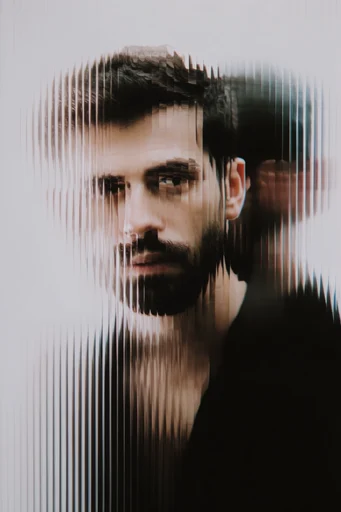 Fragmented Optical Surrealism style reference image — high-contrast minimalist portraiture