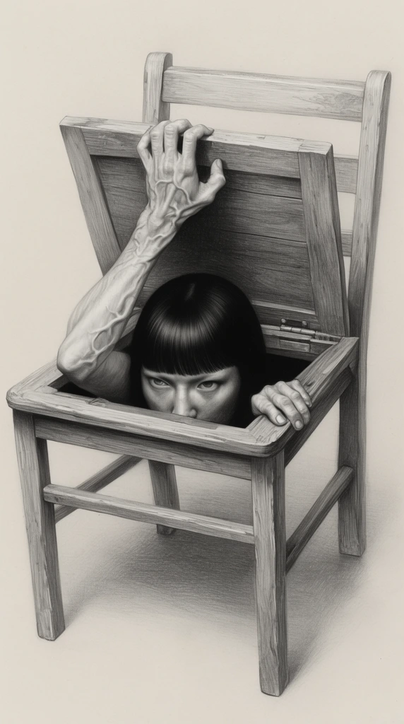 A surreal graphite drawing of a person emerging from a trapdoor in a wooden chair seat. A sinewy, veiny arm pushes the hinged wooden flap open while a face with straight bangs peers intensely from the dark hollow. Another hand grips the inner frame edge. The monochromatic composition features meticulous shading against a neutral background.