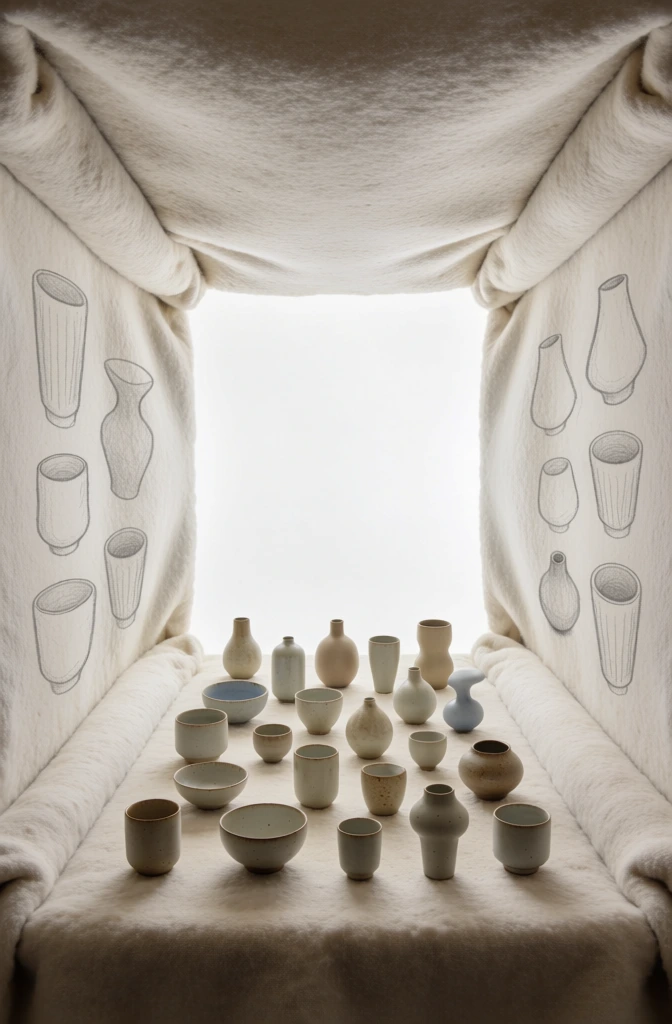 a surrealist rectilinear tunnel composition, minimalist ceramic vessels arranged on a central surface, scene folded so the floor ceiling and walls converge towards a bright white rectangular focal point, matte and glazed pottery in soft neutral tones, delicate vessel outlines sketched across the interior wall surfaces, high-key ethereal lighting, inception-style forced perspective, dreamlike conceptual product photography, meticulous textures, clean minimalist aesthetic.